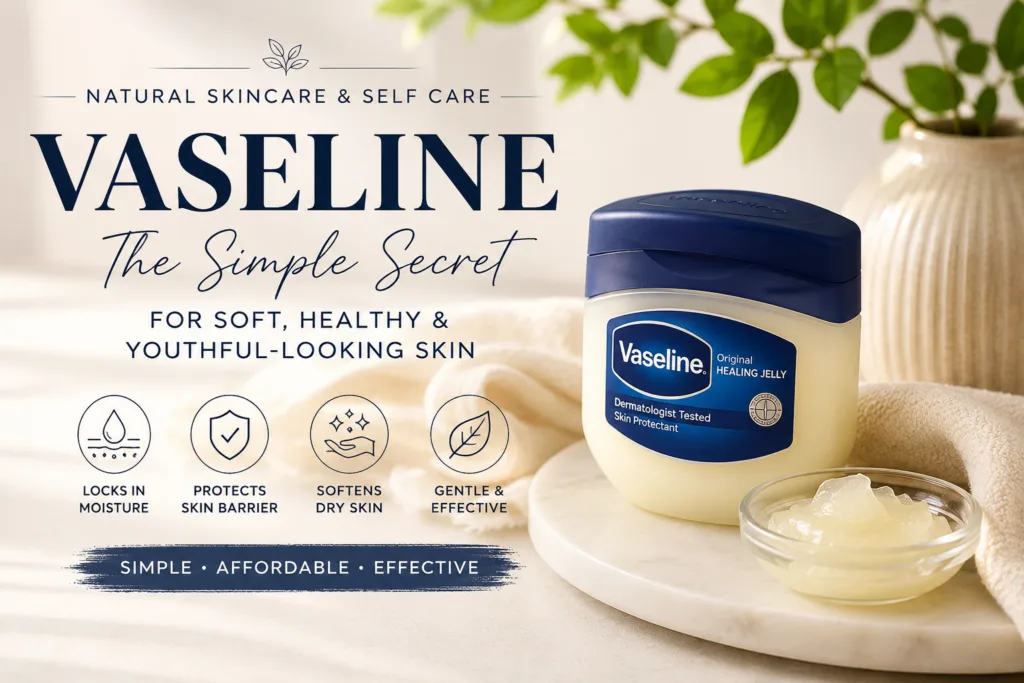 A jar of Vaseline Original Healing Jelly and a small bowl of petroleum jelly on a white marble surface with text about N
