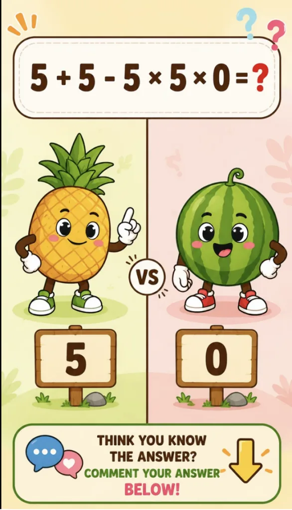 A colorful math puzzle featuring anthropomorphic pineapple and watermelon characters presenting different answers to the