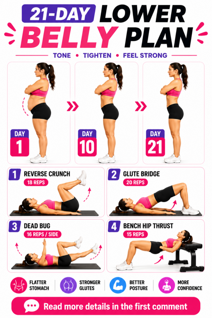 Infographic showing a 21-Day Lower Belly Plan with before-and-after results and four core exercises