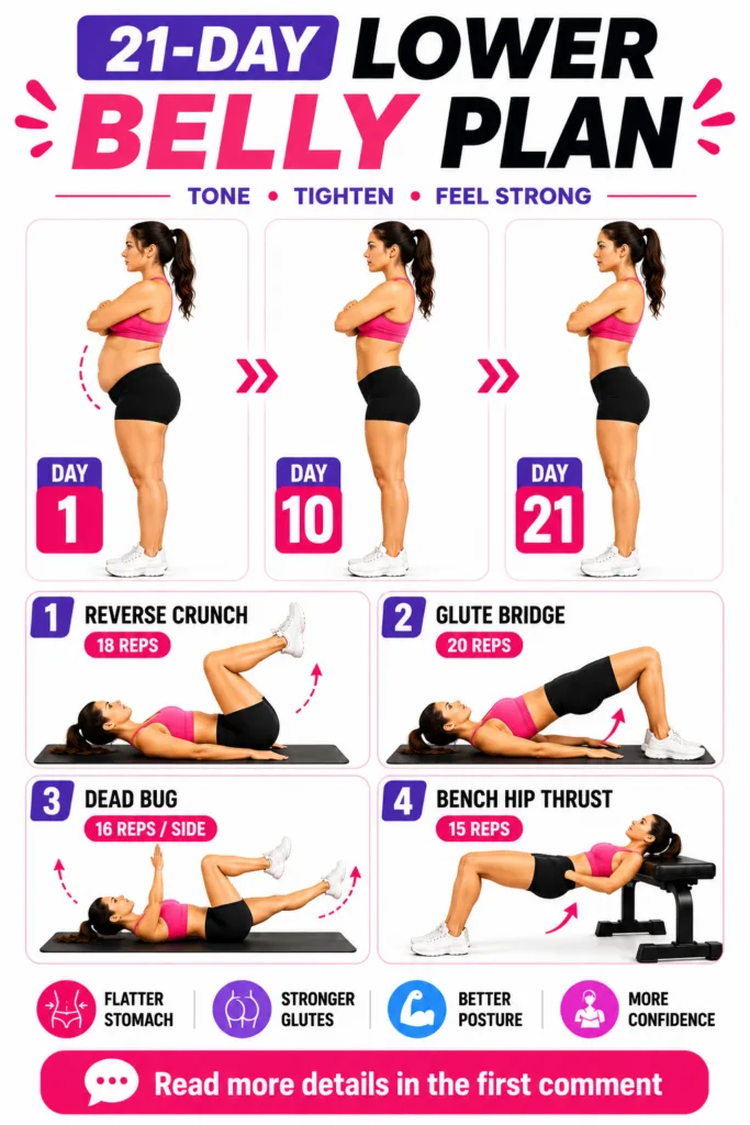 Infographic showing a 21-Day Lower Belly Plan with before-and-after results and four core exercises