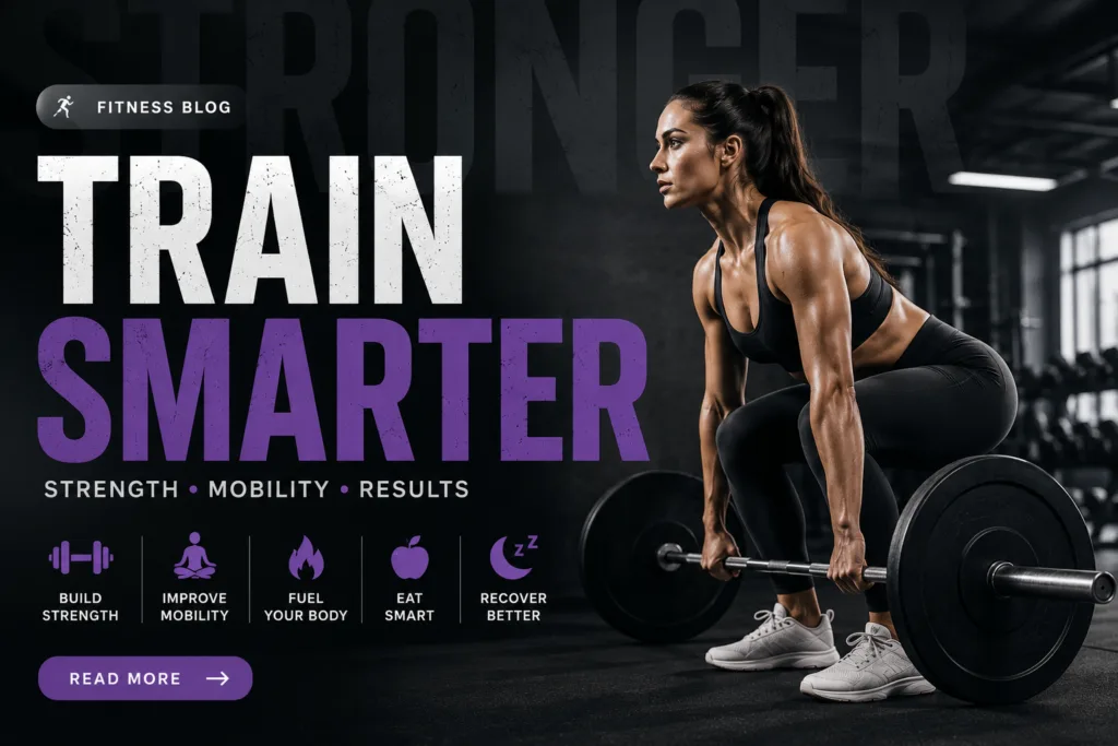 A strong athletic woman deadlifting in a gym with TRAIN SMARTER text and icons for strength mobility fuel eat smart and 