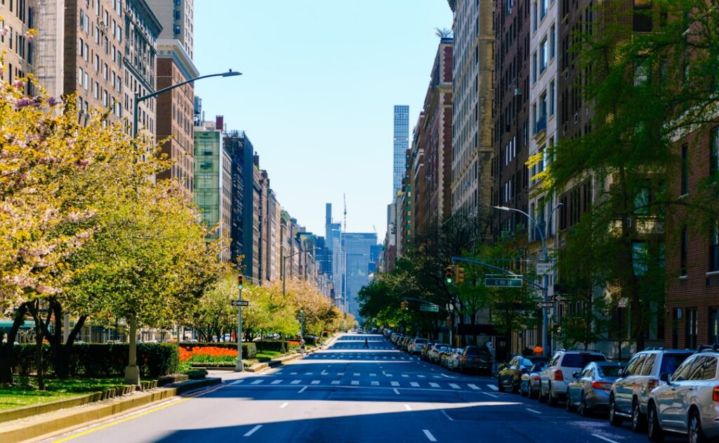 A vibrant busy street scene with various urban elements like buildings street signs people and objects subtly incorporat