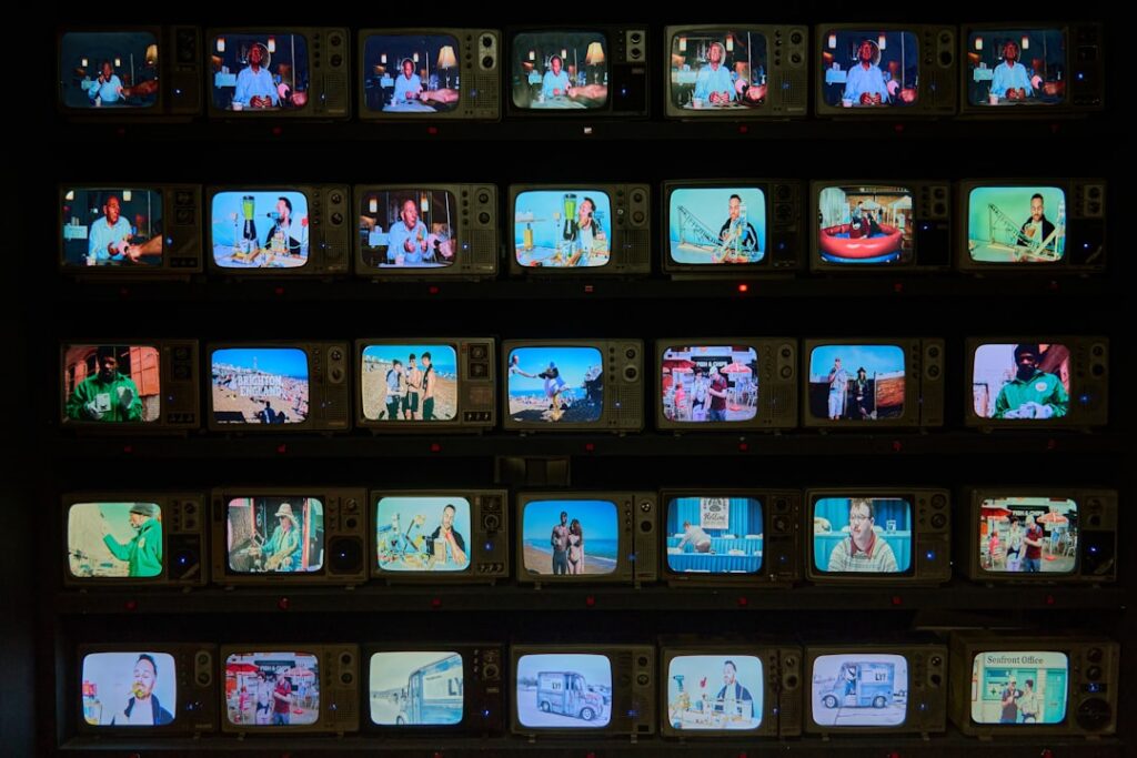 A vibrant collage featuring memorable characters and iconic scenes from various popular 80s family sitcoms like Family T