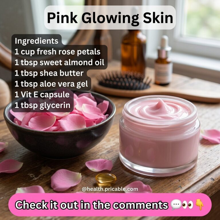 A beautiful flat lay of fresh pink rose petals in a bowl next to a small glass jar of homemade pink rose cream on a rust