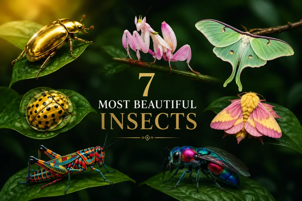 A vibrant collage featuring seven distinct colorful insects a metallic golden scarab beetle a pink and white orchid mant