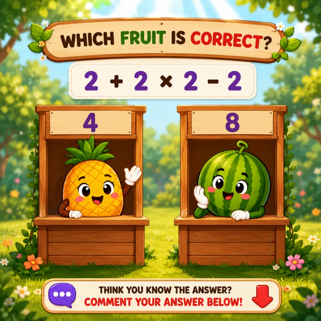 A playful illustration of a math puzzle with a pineapple representing 4 and a watermelon representing 8 challenging view