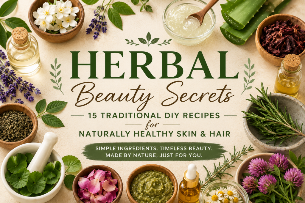 A flat lay of various natural ingredients like aloe vera lavender hibiscus rosemary jasmine green tea and rose petals ar