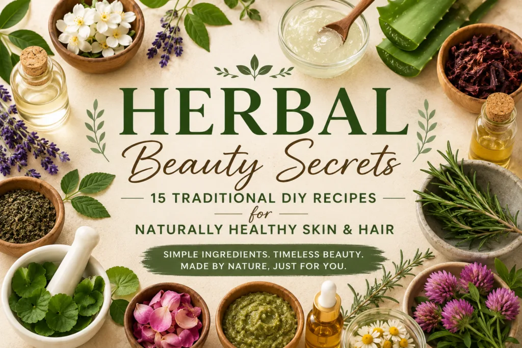 A flat lay of various natural ingredients like aloe vera lavender hibiscus rosemary jasmine green tea and rose petals ar