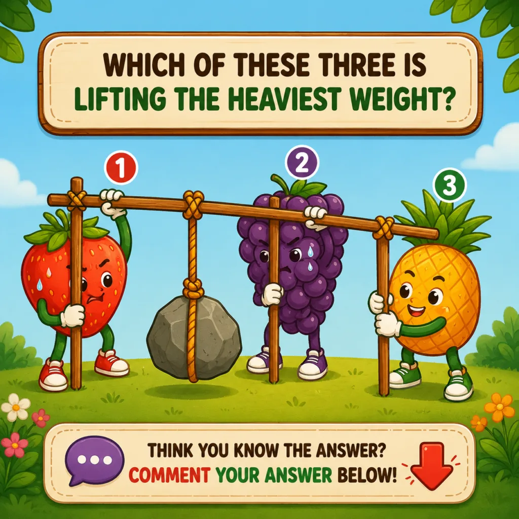 Cartoon illustration of a physics riddle with three fruit characters strawberry grapes pineapple holding up a beam with 