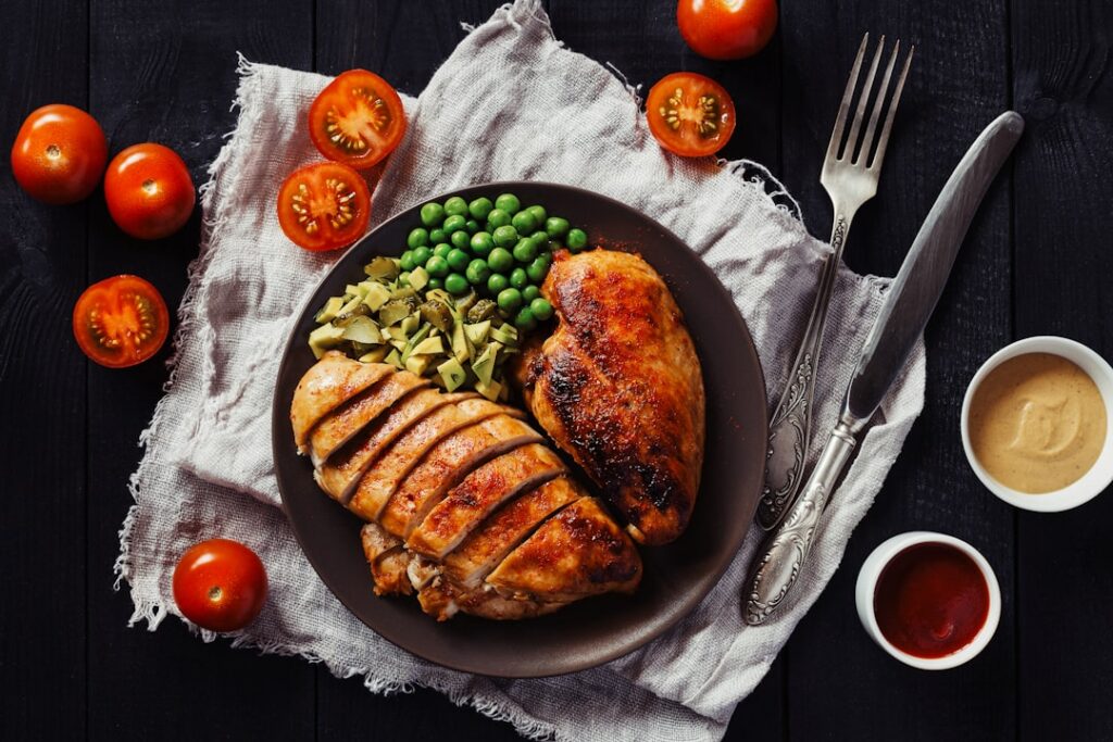 A vibrant and appealing flat lay image showcasing various high-protein foods like chicken breast lentils Greek yogurt eg