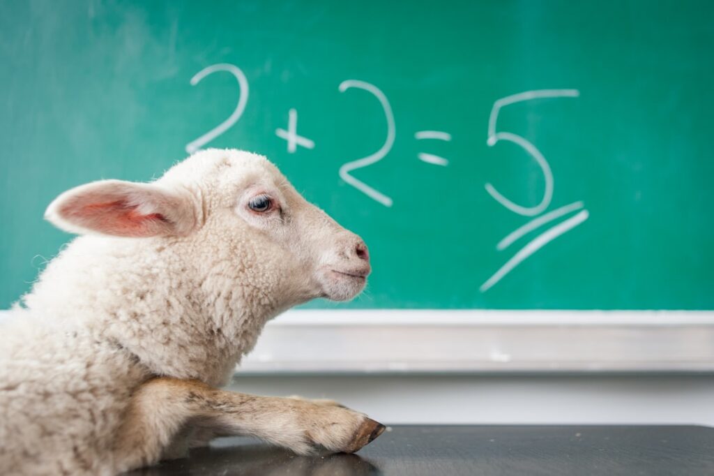 A graphic of three different scales Each scale shows a combination of two or three cartoon-style farm animals e g pig ra