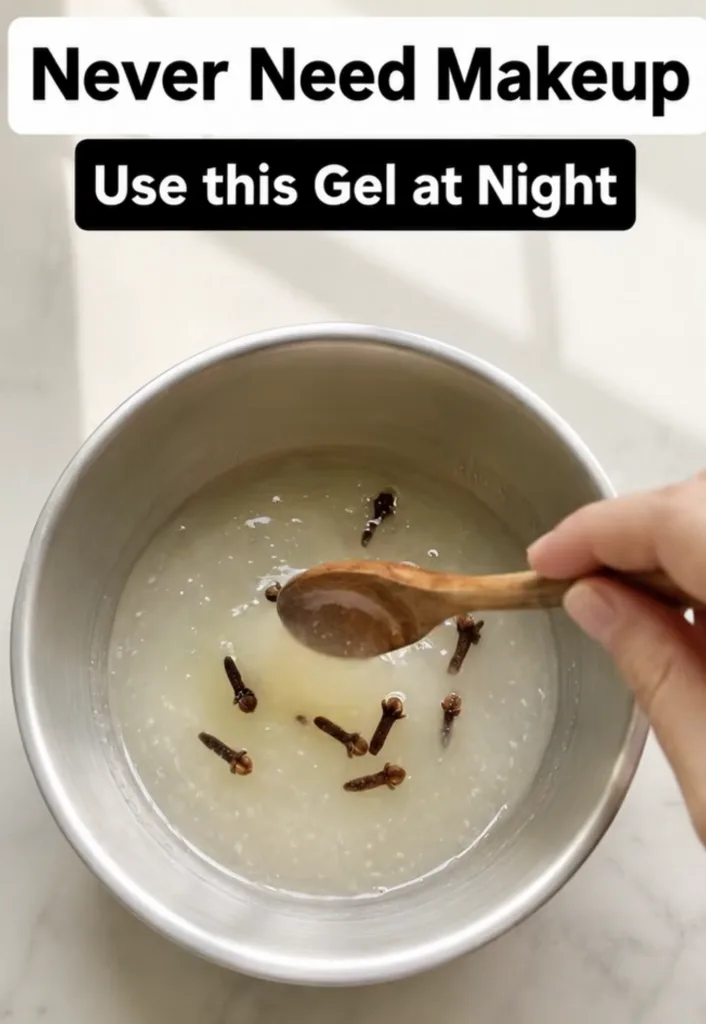 Overhead shot of a silver bowl with translucent pale yellow-white gel and whole cloves being stirred by a hand holding a