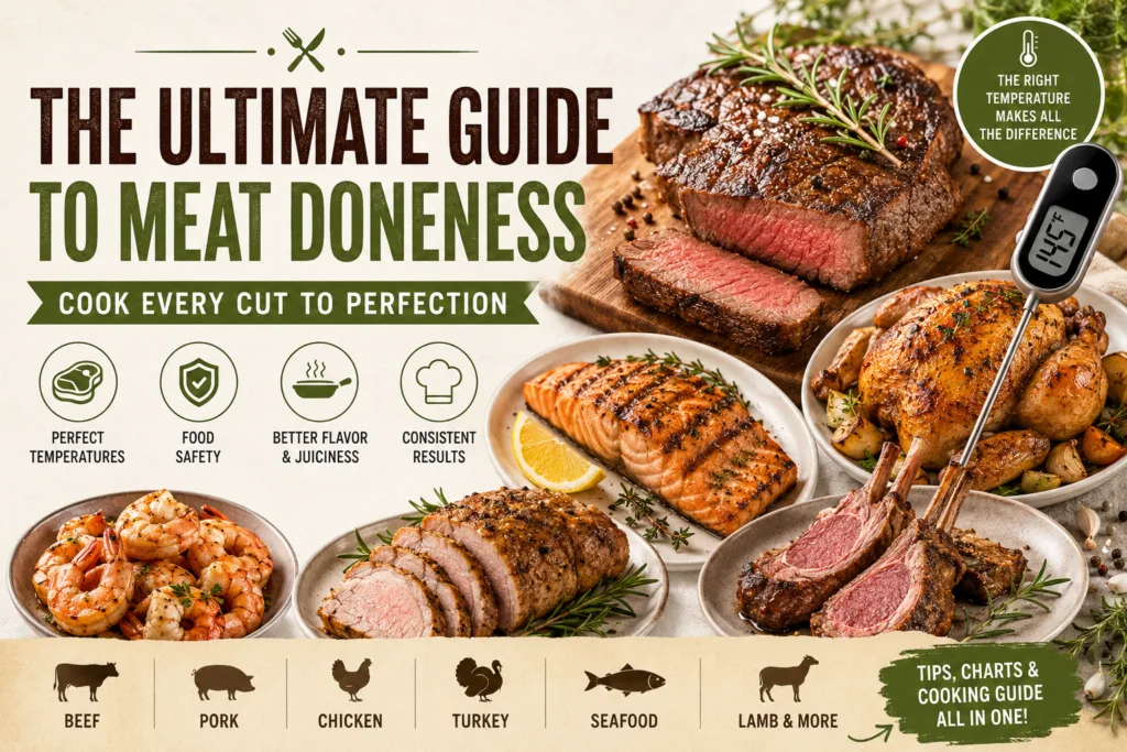 An appetizing flat lay visual guide to meat doneness with various cooked meats a thermometer and temperature charts