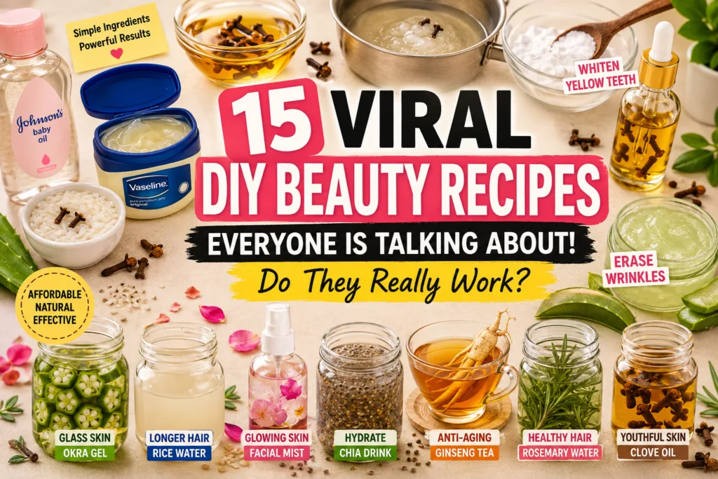 A vibrant flat lay of various natural ingredients and homemade beauty preparations like rice water aloe vera gel cloves 