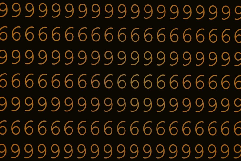 A visual brain teaser showing a large faded number 6 in the background filled with many smaller black numbers including 