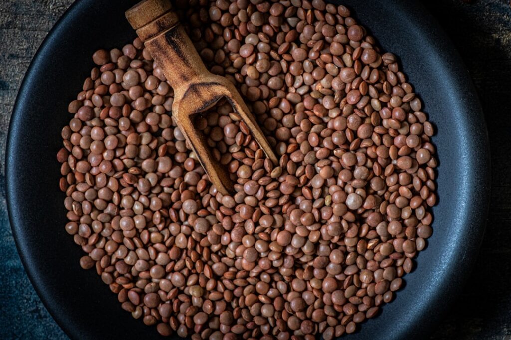 A large bowl containing approximately 1 1 kilograms 1100g of cooked lentils illustrating the quantity needed for 100g of