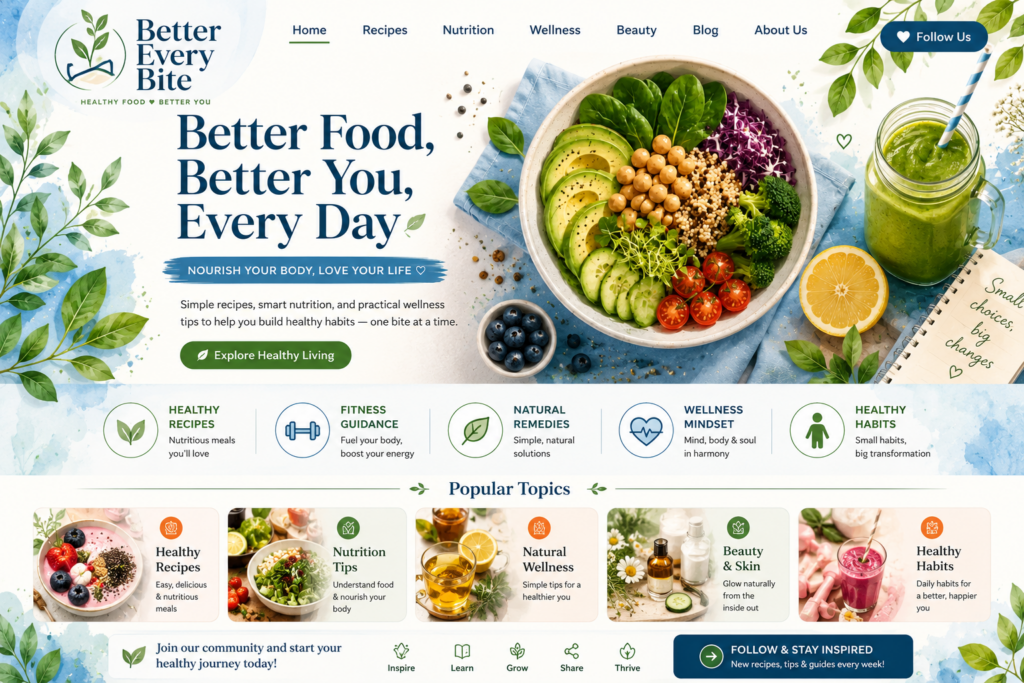 A vibrant clean website homepage for Better Every Bite showing a colorful healthy meal bowl a green smoothie and a noteb