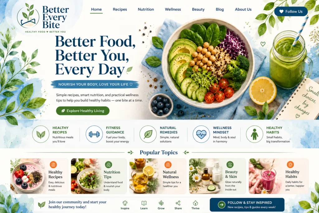 A vibrant clean website homepage for Better Every Bite showing a colorful healthy meal bowl a green smoothie and a noteb