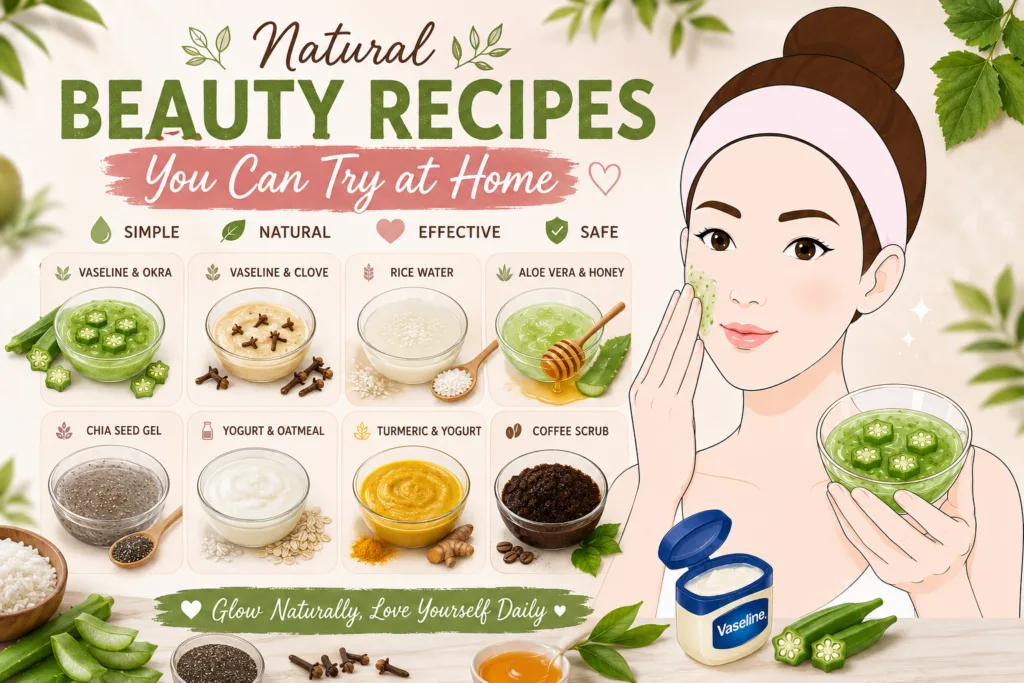 An infographic illustration showcasing various natural DIY beauty recipes with a woman applying a face mask and bowls of