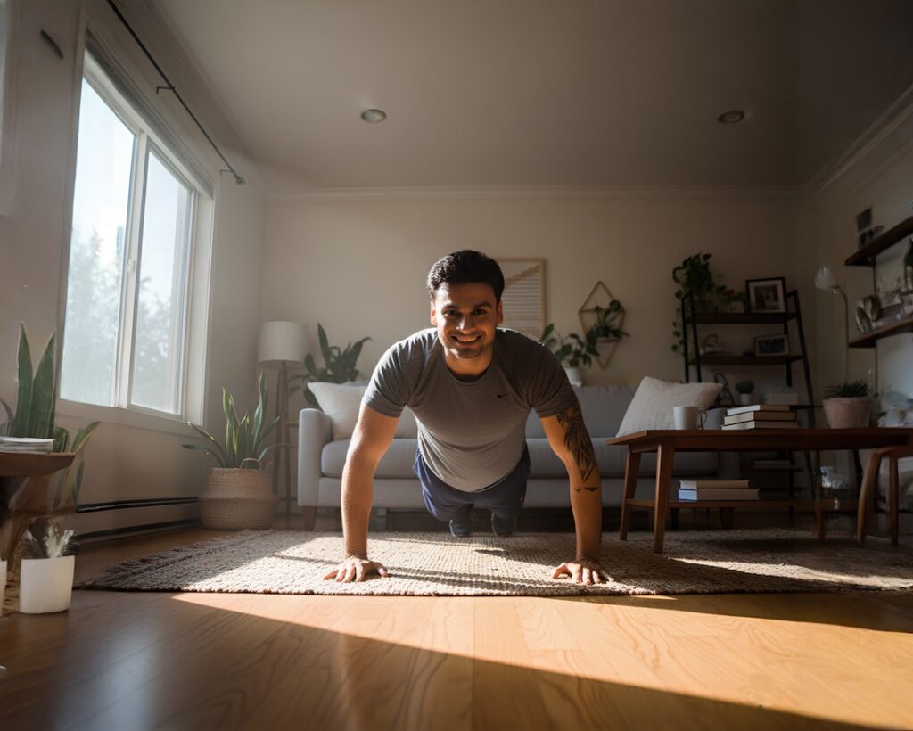 A person holding a perfect plank position body straight core engaged on forearms