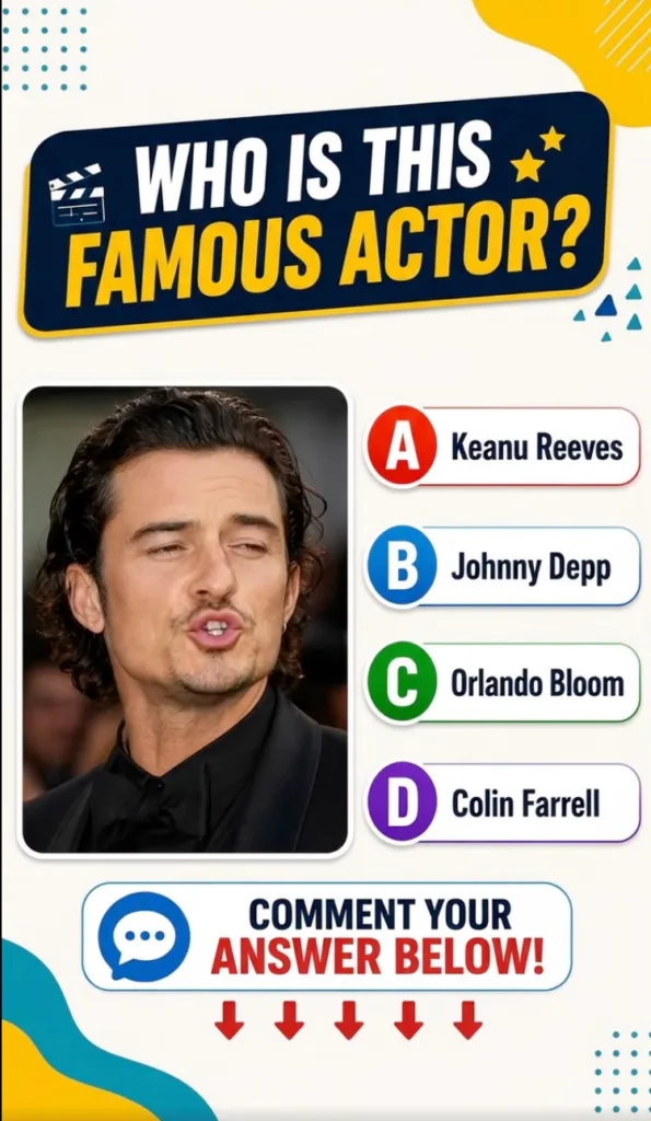 A brightly colored social media quiz graphic asking WHO IS THIS FAMOUS ACTOR with a picture of Orlando Bloom and multipl