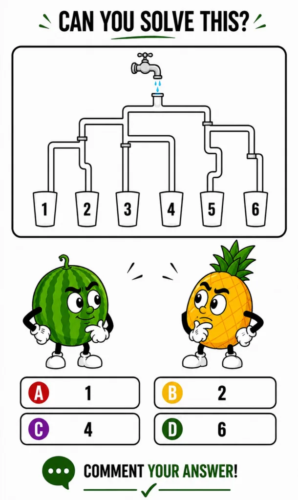 A cartoon illustration of a faucet dripping water into a complex network of pipes leading to six numbered cups 1-6 with 
