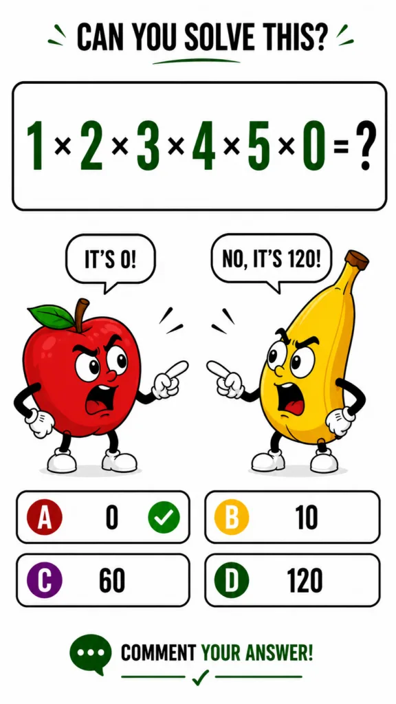 Cartoon style math puzzle showing an equation 1 x 2 x 3 x 4 x 5 x 0 with an apple saying IT S 0 and a banana saying NO I