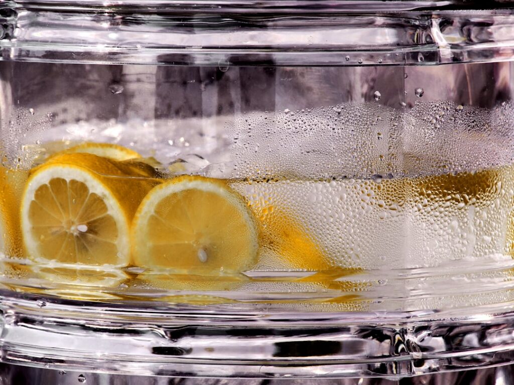 A clear glass pitcher or a single glass filled with water fresh blueberries and lemon slices The colors should be vibran