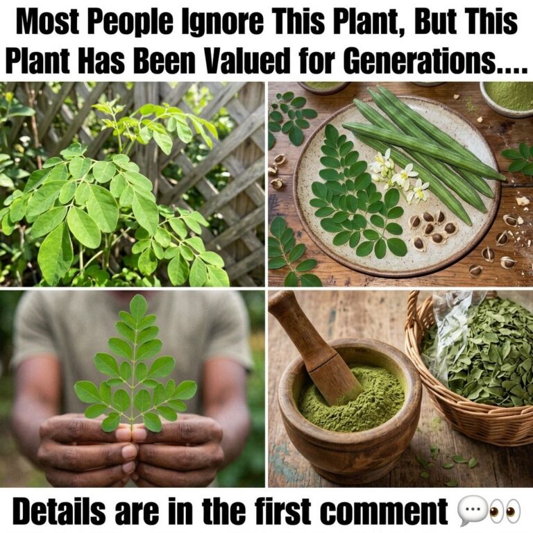 Four-panel collage showing live Moringa plant fresh leaves pods on a plate hands holding leaves and dried powder leaves