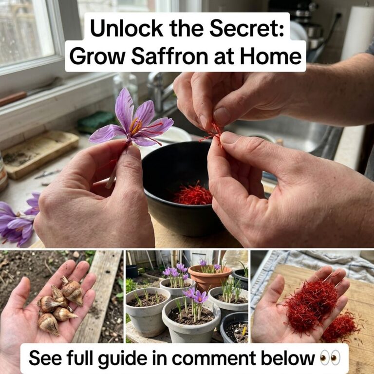 A collage depicting hands extracting saffron threads from a purple crocus flower a hand holding saffron corms potted saf