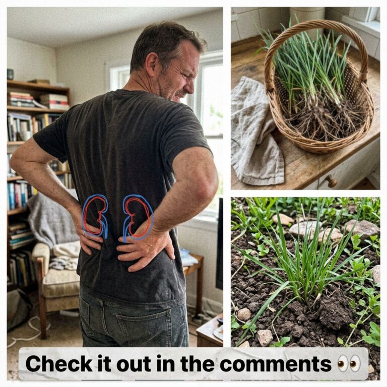 A multi-panel collage showing a man with kidney pain and a close-up of green grass-like plants harvested in a basket and