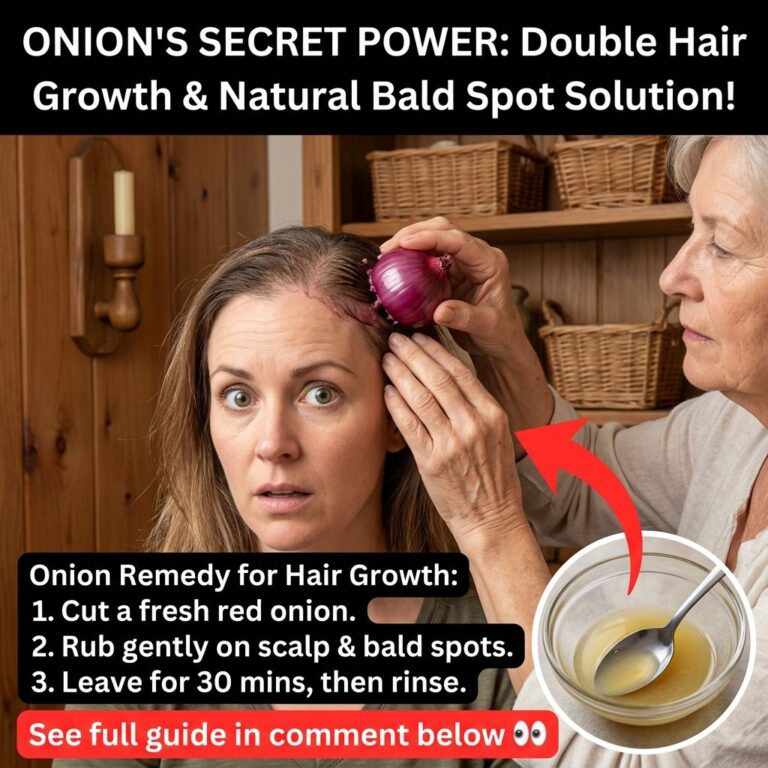 Two women demonstrating the application of a red onion to a scalp for hair growth with overlay text about onion remedy s