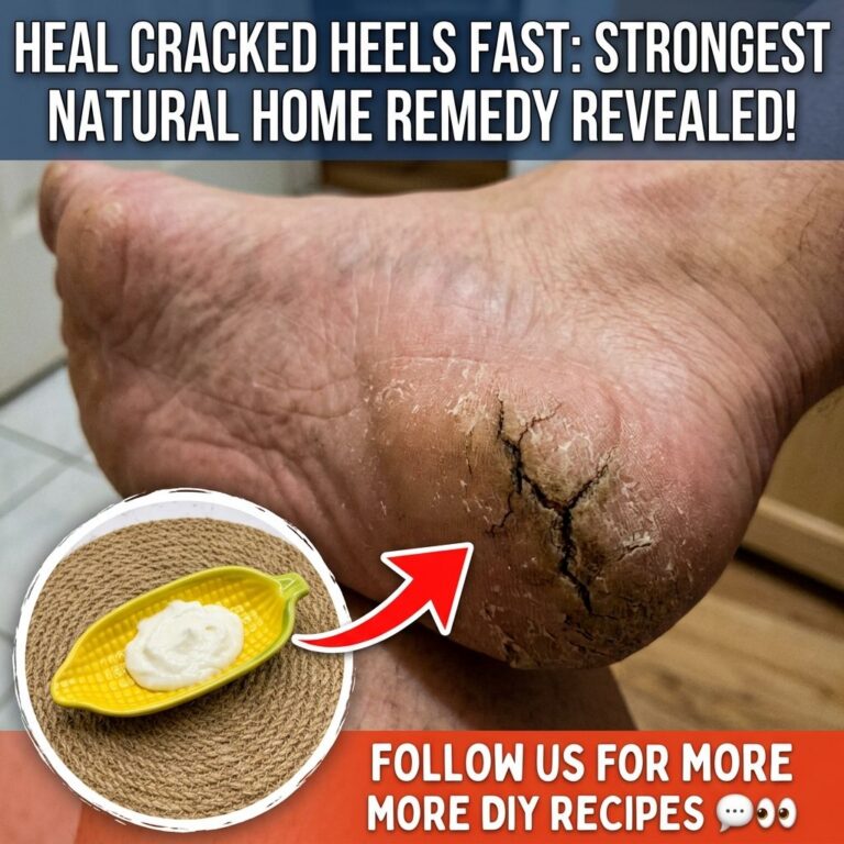 Close-up of a severely cracked and dry heel with an arrow pointing from a small dish of white cream towards it symbolizi