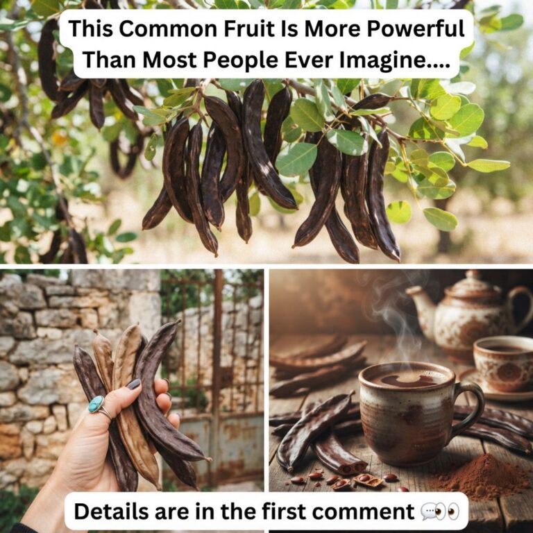 A composite image showing carob pods on a tree a hand holding carob pods and a mug of carob drink with carob powder and