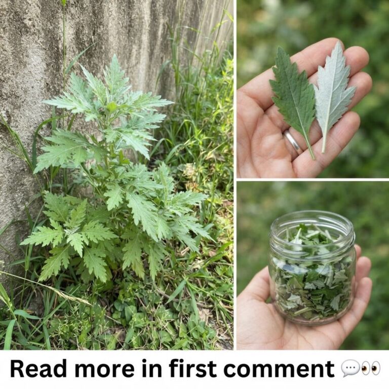 A vertical collage showing a wild Mugwort plant a hand holding Mugwort leaves showing their green top and silvery unders