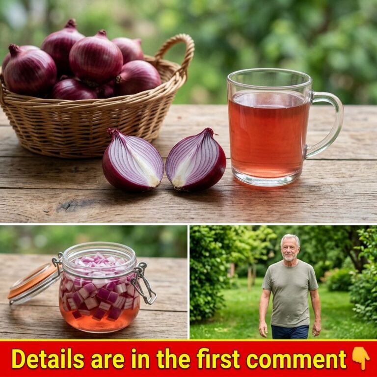 A top-down view of whole red onions in a wicker basket one cut in half and a clear glass mug of reddish-pink liquid all