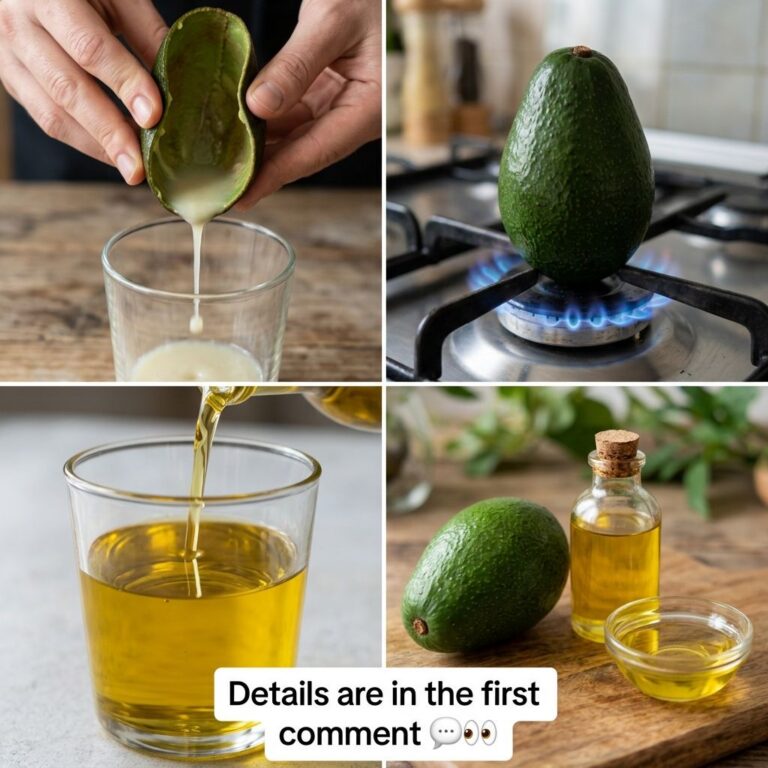 A four-panel collage showing hands squeezing avocado a whole avocado on a gas stove golden oil being poured and the fina