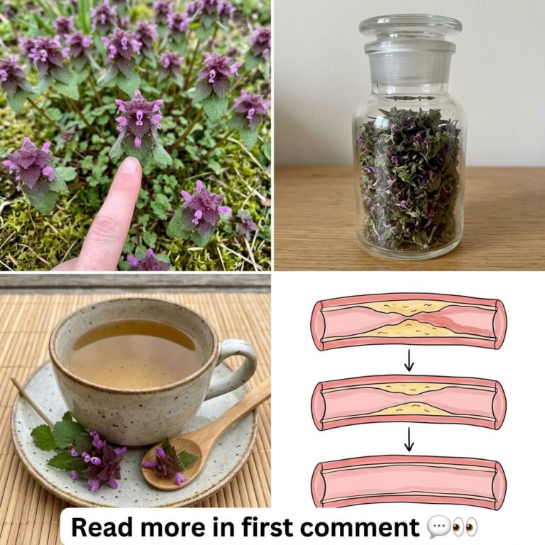 Four-panel collage showing fresh purple dead nettle for identification dried nettle in a jar nettle tea and a scientific