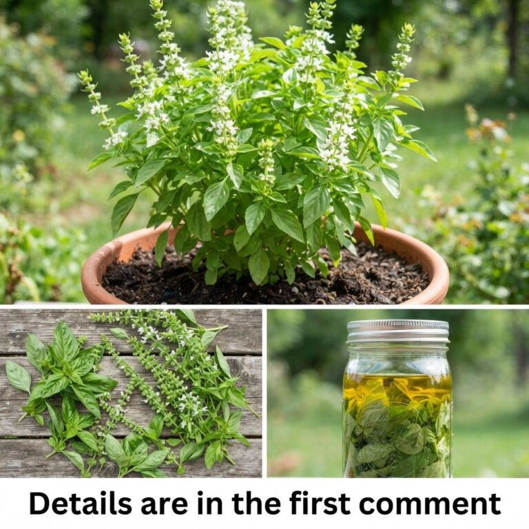 A collage showing a basil plant with flowers harvested basil flowers and leaves and a mason jar with basil leaves infuse