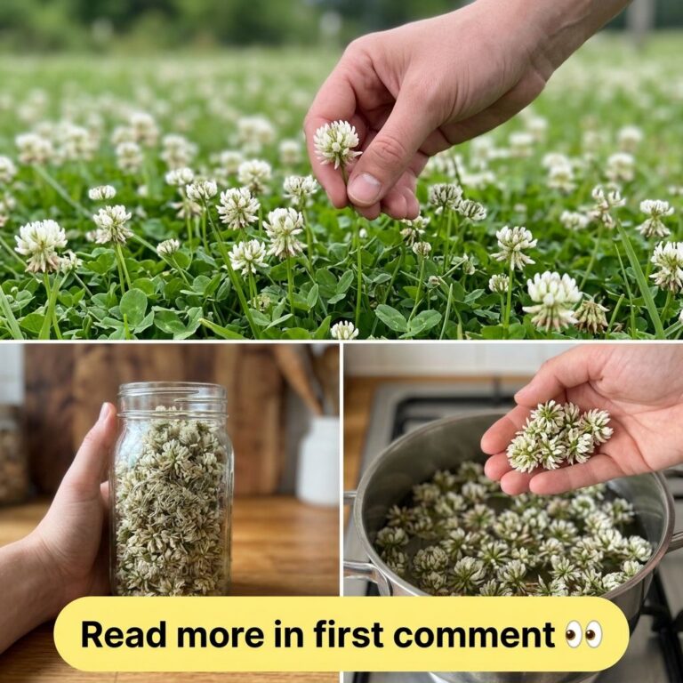 Three-panel collage showing a hand picking fresh white clover dried white clover in a jar and fresh clover being added t