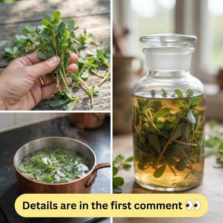 A collage showing fresh purslane held in a hand purslane simmering in a copper pot and a clear apothecary bottle with pu