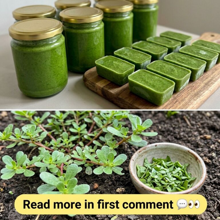 A diptych image showing fresh purslane growing and chopped in a bowl on the bottom and processed purslane puree in jars 