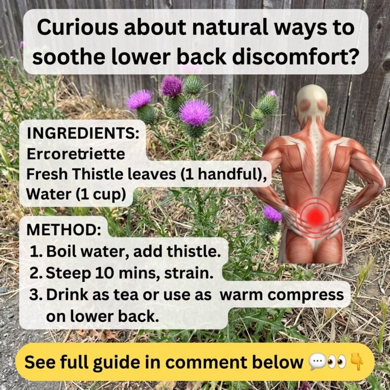 A visually rich social media graphic showing thistle plants a human anatomical model highlighting lower back pain and a