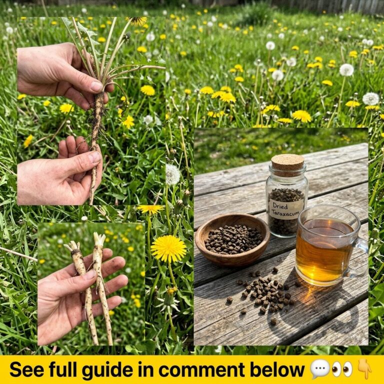 A multi-panel collage showing the process of digging cleaning drying and preparing dandelion root for tea Includes hands