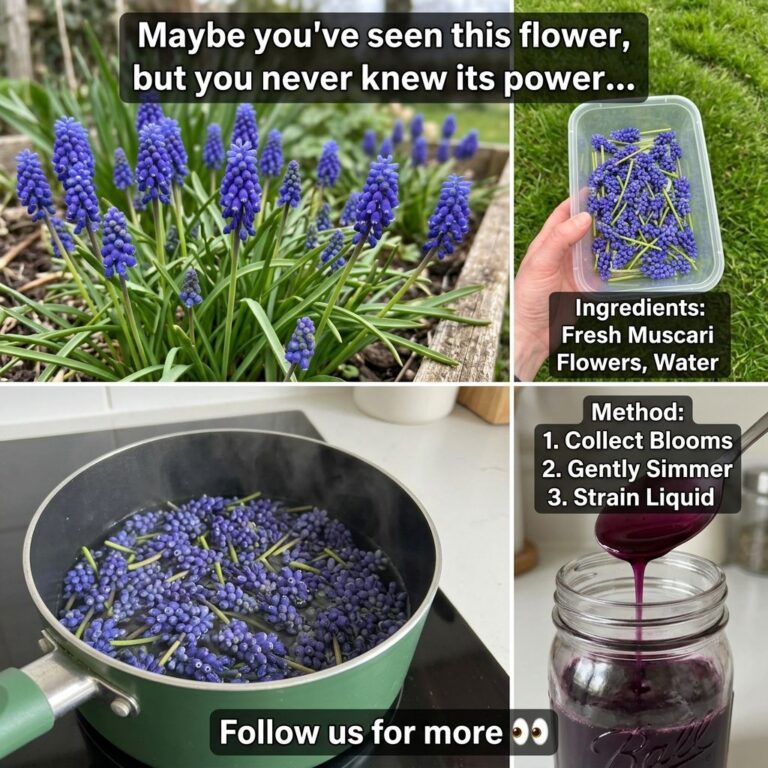 A four-panel collage showing Muscari flowers in a garden collected flowers with water flowers simmering and the strained