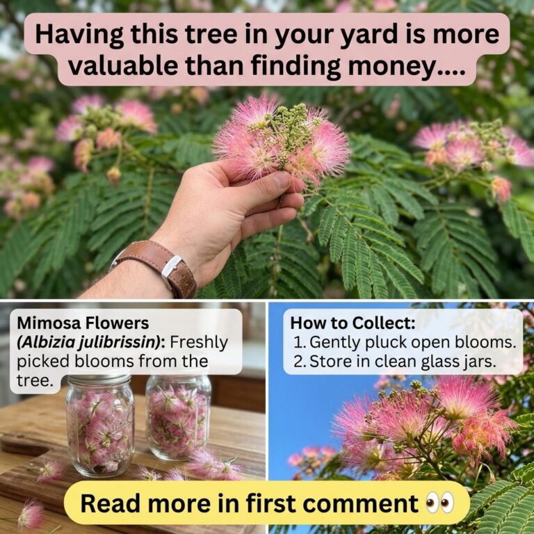 A close-up of a hand gently holding a vibrant pink Mimosa flower with more blurred flowers and green leaves in the backg