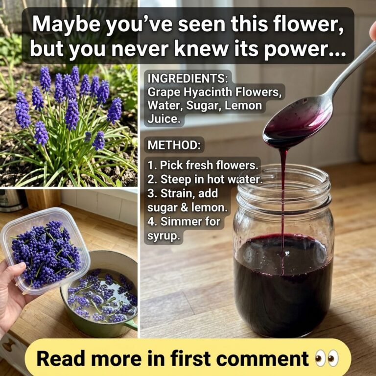 A step-by-step collage showing grape hyacinth flowers growing being picked steeping in water and the final purple syrup 