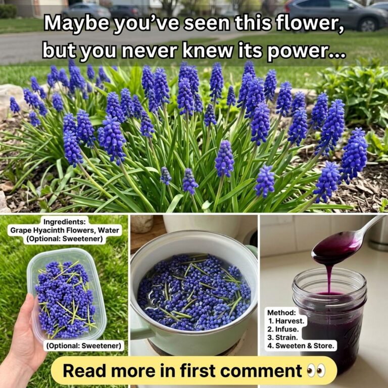 A lush patch of vibrant purple-blue Grape Hyacinth flowers growing in a garden setting with blurred vehicles and greener