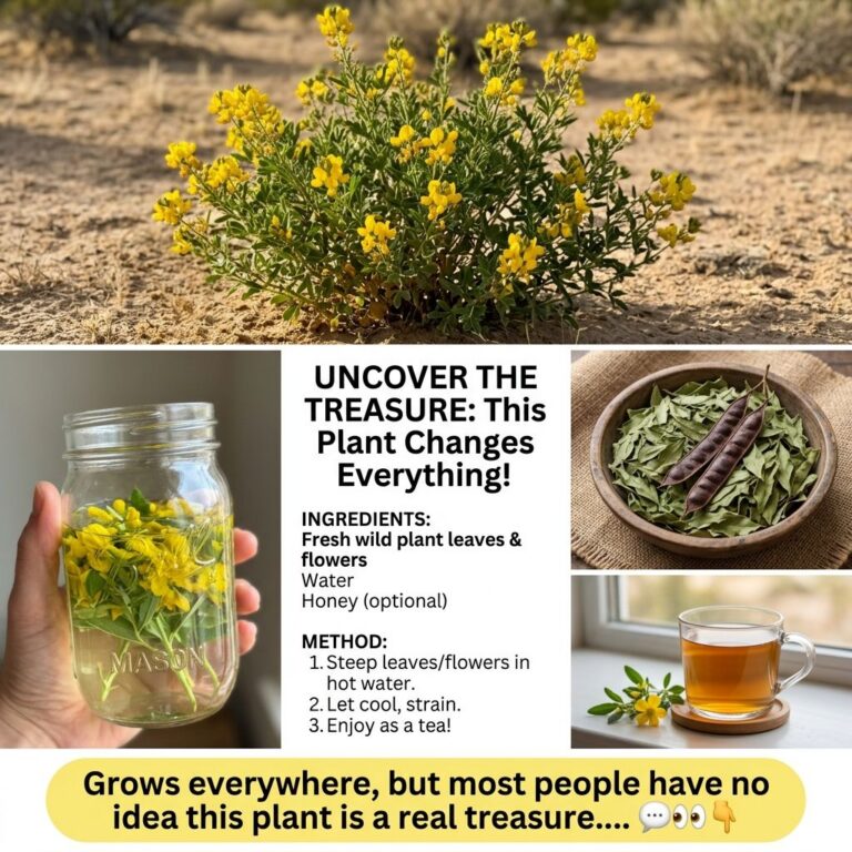 Multi-panel graphic of a green bush with yellow flowers in sandy soil a hand holding a jar with fresh plant material in