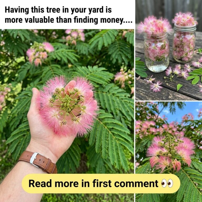 A multi-panel collage featuring pink feathery Mimosa flowers The top-left panel includes a headline the bottom-left show